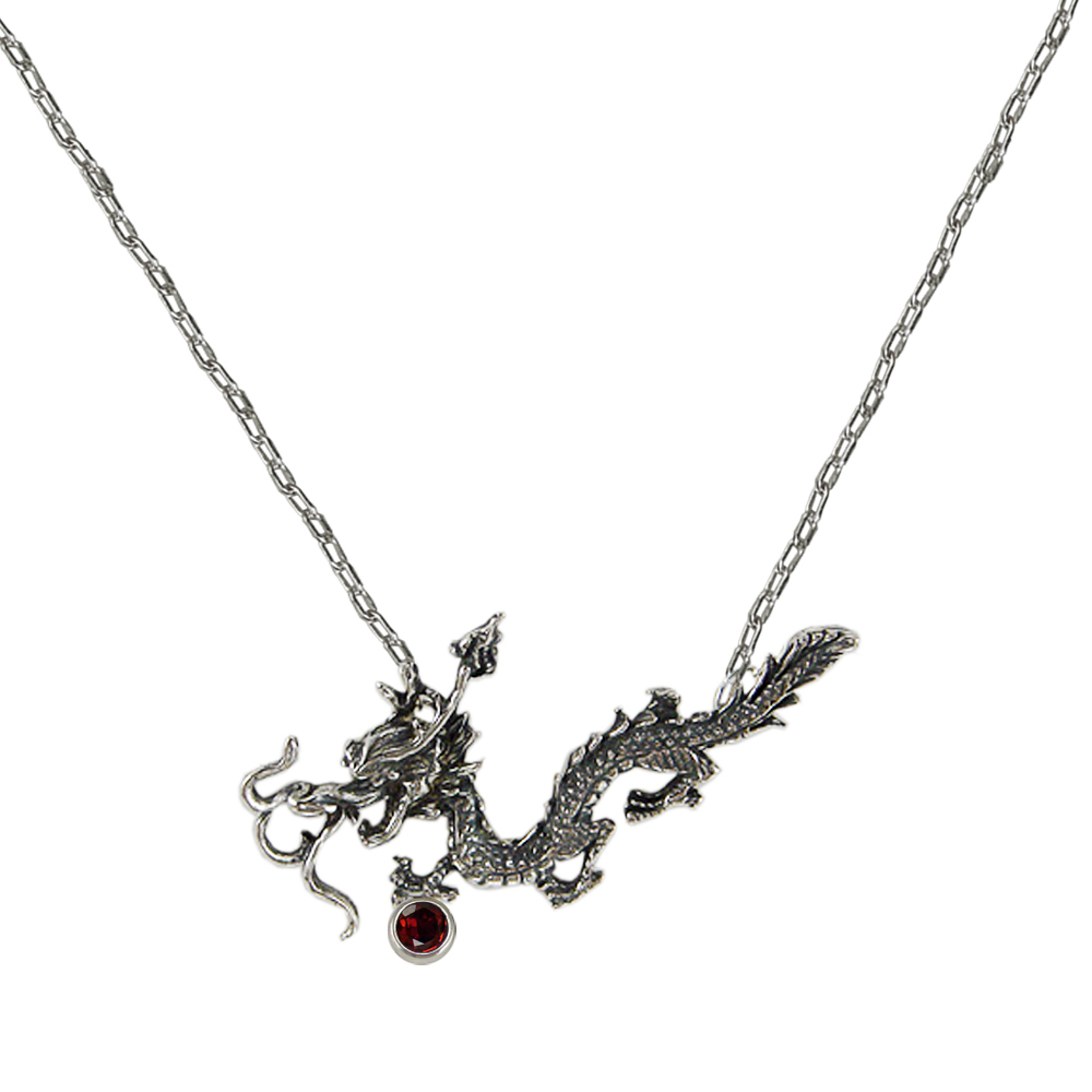 Sterling Silver Dragon of Good Fortune Pendant Necklace With Garnet